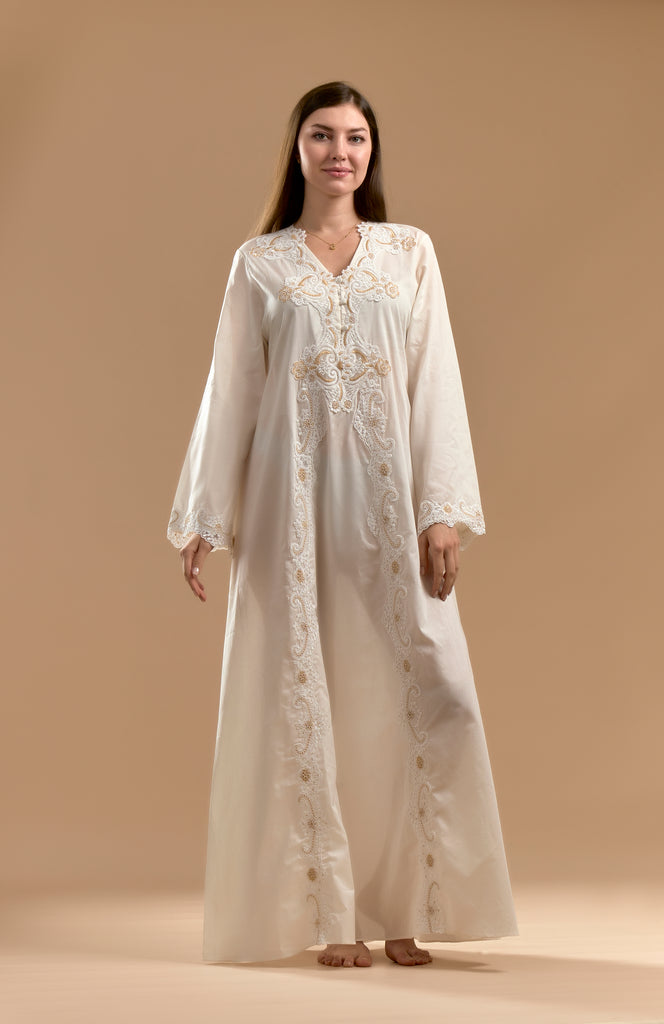 Cotton Jalabiya with Embroidery & Buttons on the Front - Ivory - silk touch