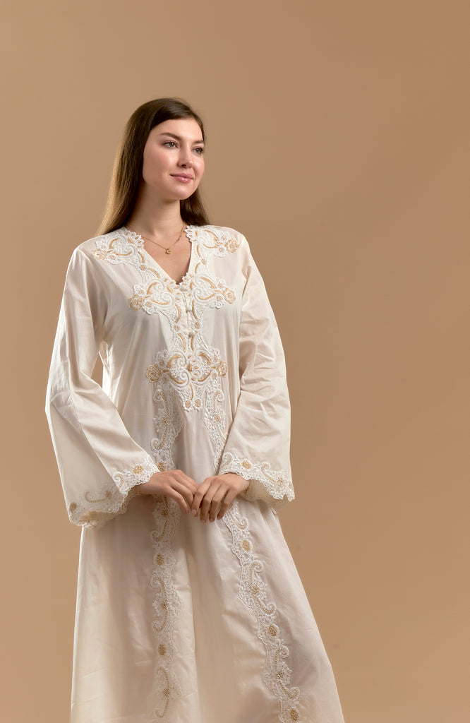 Cotton Jalabiya with Embroidery & Buttons on the Front - Ivory - silk touch