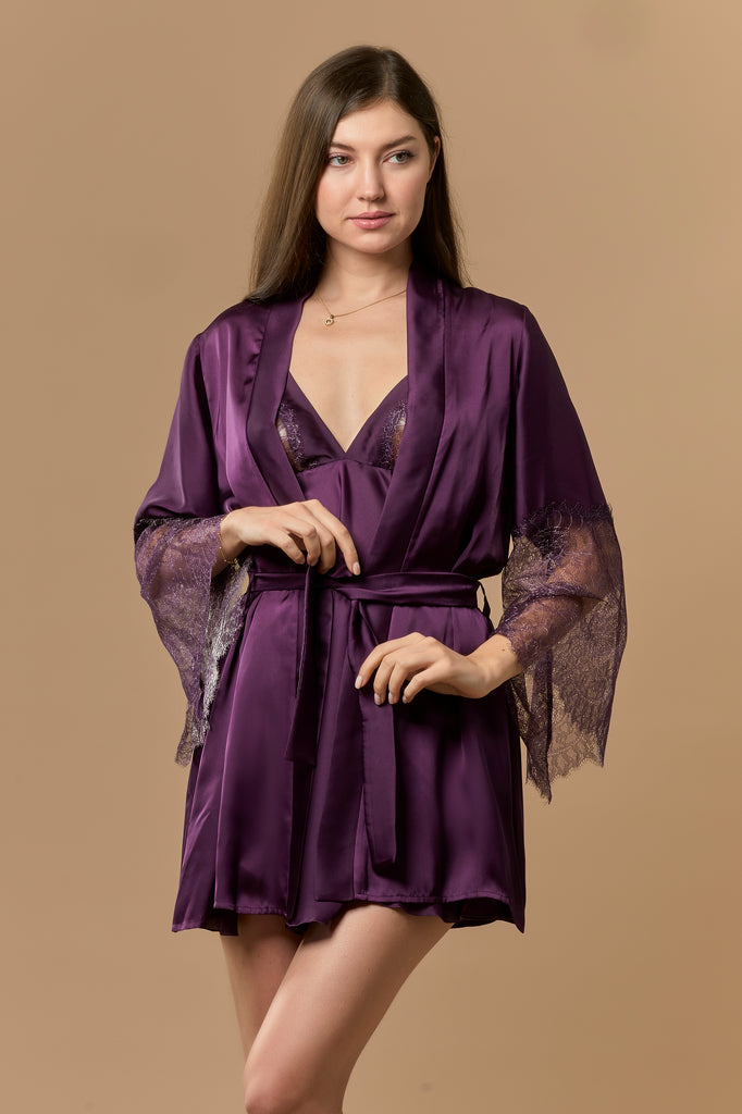 Short Satin and Lace Nightdress & Robe Set - Aubergine - silk touch