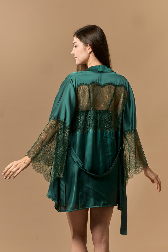 Short Satin and Lace Nightdress & Robe Set - Green - silk touch