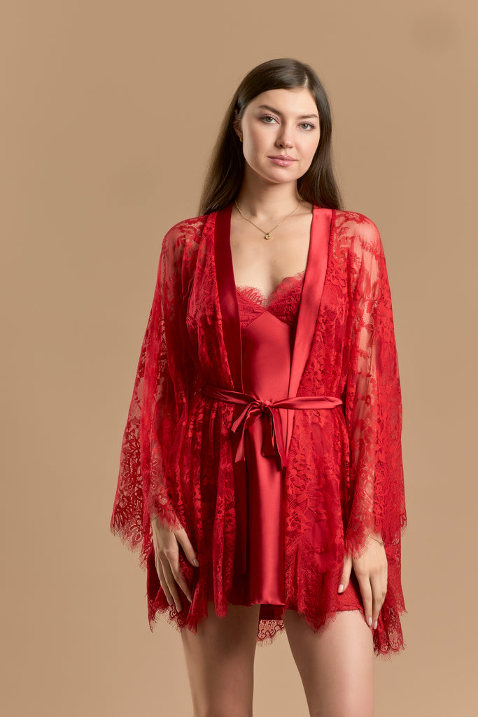 Lace And Satin Short Nightdress With Robe Set - Red - silk touch