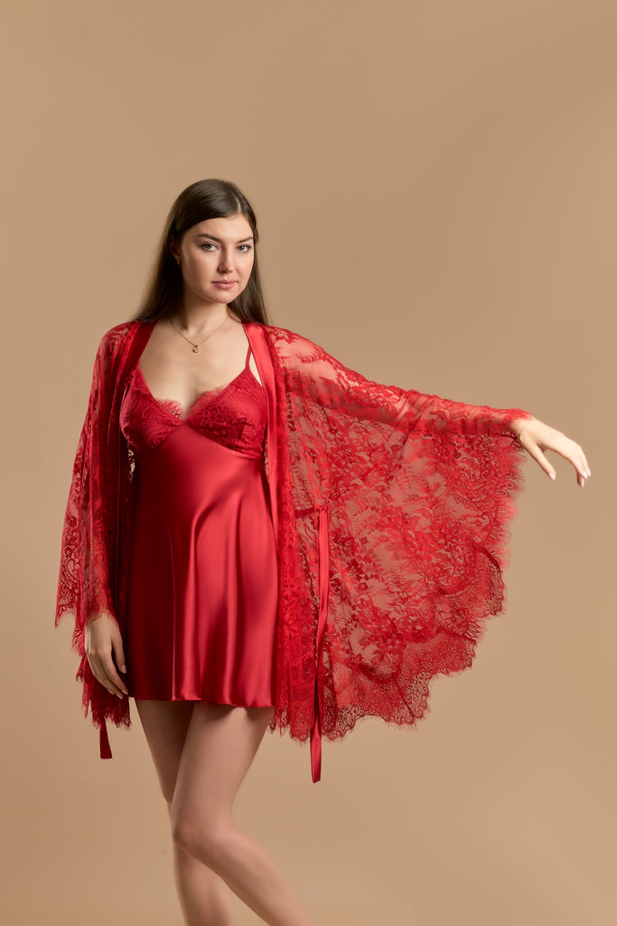 Lace And Satin Short Nightdress With Robe Set - Red - silk touch