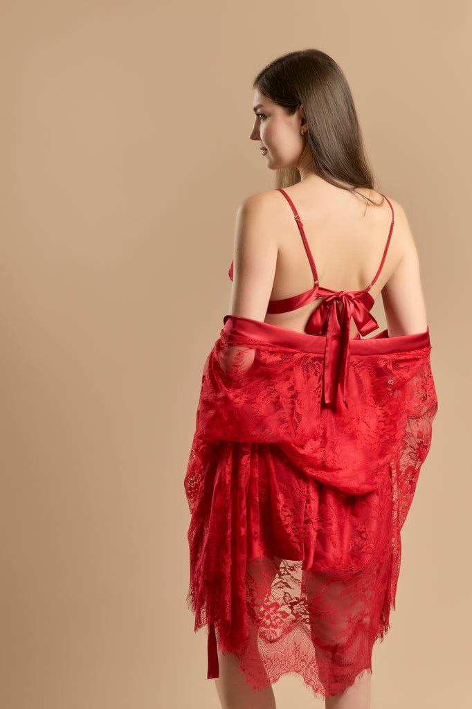 Lace And Satin Short Nightdress With Robe Set - Red - silk touch