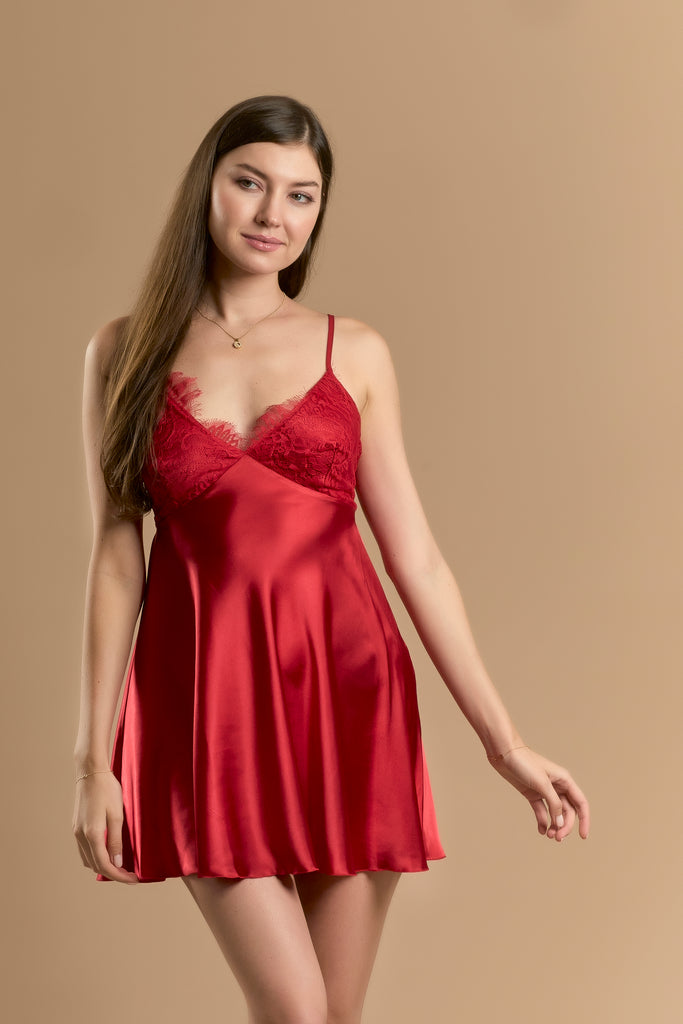 Lace And Satin Short Nightdress With Robe Set - Red - silk touch