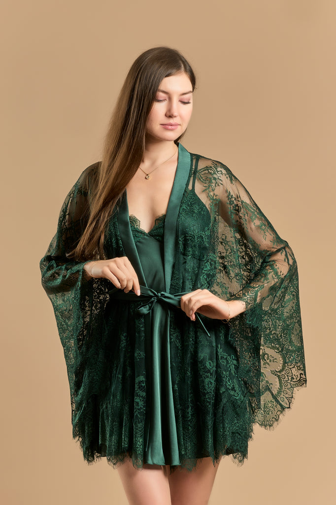 Lace And Satin Short Nightdress With Robe Set - Green - silk touch