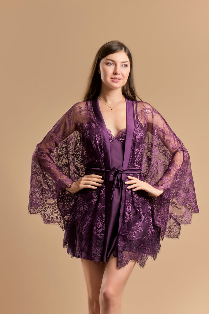 Lace And Satin Short Nightdress With Robe Set - Purple - silk touch