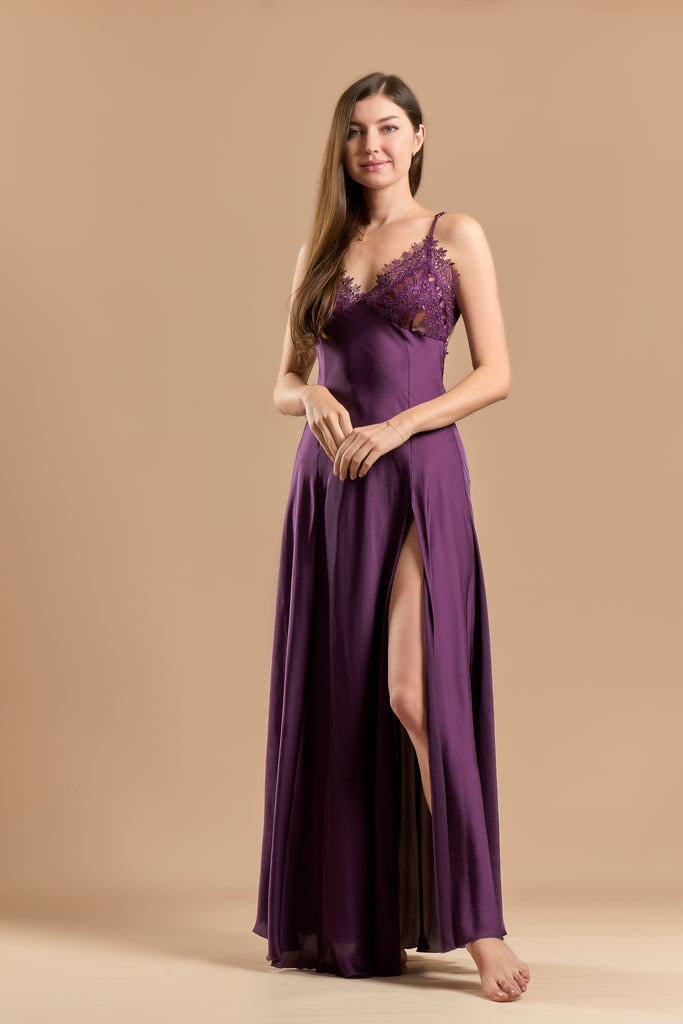 Long Night Dress Satin & Lace - Aubergine - silk touch