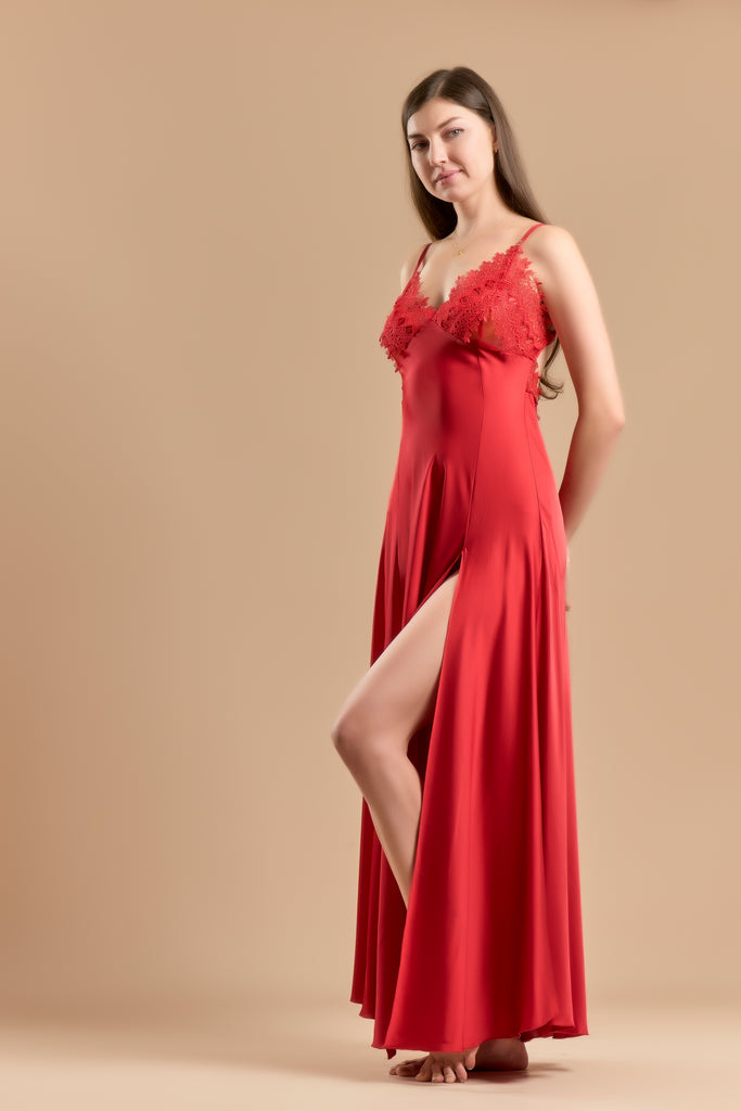 Long Night Dress Satin & Lace - Red - silk touch