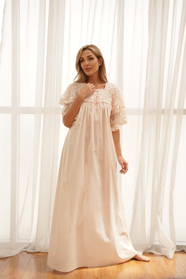 Cotton Jalabiya Short Sleeves with Lace & Buttons - Peach - silk touch